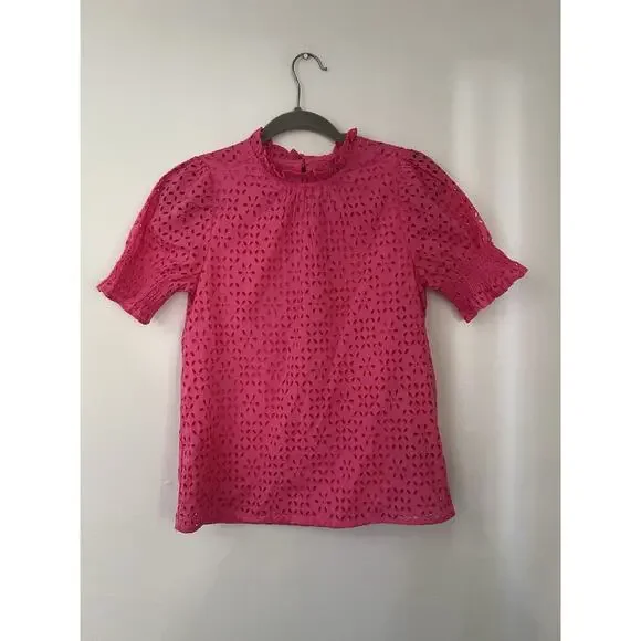 J.CREW Hot Pink Eyelet Smocked Short Sleeve Blouse Size xxs Ruffle 100% Cotton - Picture 1 of 6
